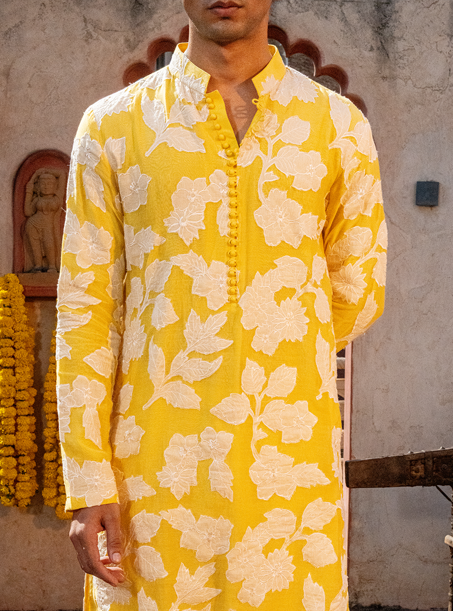 YOKE YELLOW CHANDERI KURTA WITH EGG WHITE FLORAL APPLIQUE WORK PAIRED WITH IVORY CHANDERI PANT Nafsstore