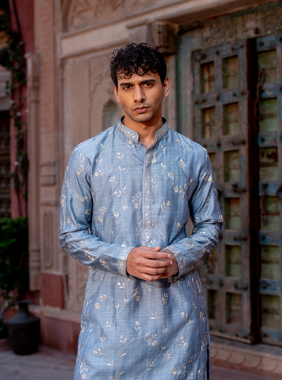 STEEL BLUE CHANDERI ZARI EMBROIDERED KURTA ELABORATED PAIRED WITH SELF CHANDERI PANT Nafsstore