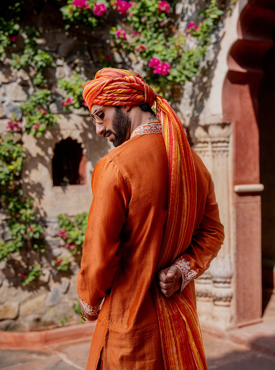 RUST CHANDERI KURTA SET ELABORATED WITH KASAB & RESHAM DORI EMBROIDERY PAIRED WITH FLARED RUST TUSSAR SILK PANT Nafsstore