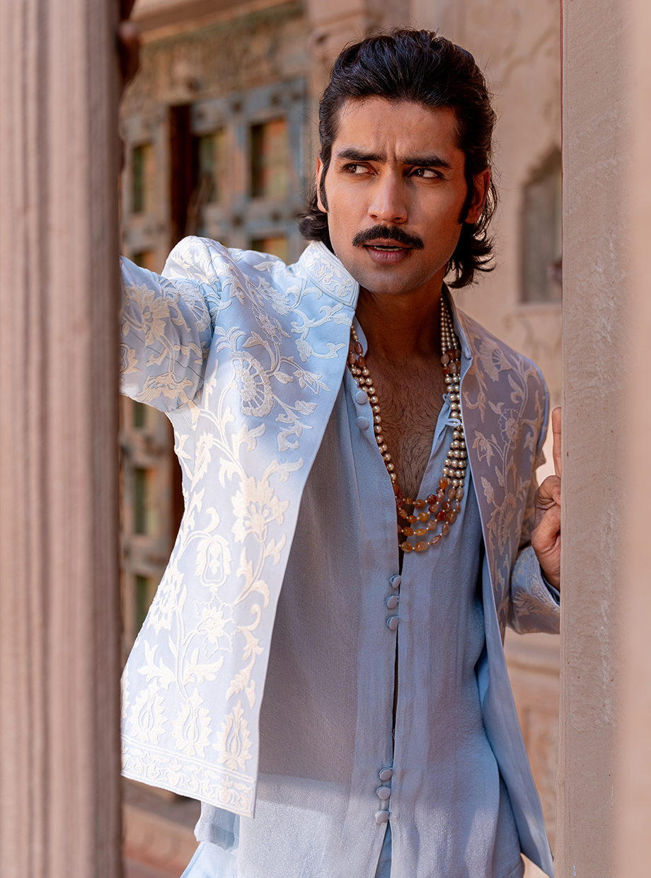 POWDER BLUE SHIMMER SHIRT + CHANDERI PANT PAIRED WITH CHANDERI JACKET EXAGGERATED WITH RESHAM AND KASAB DORI WORK Nafsstore