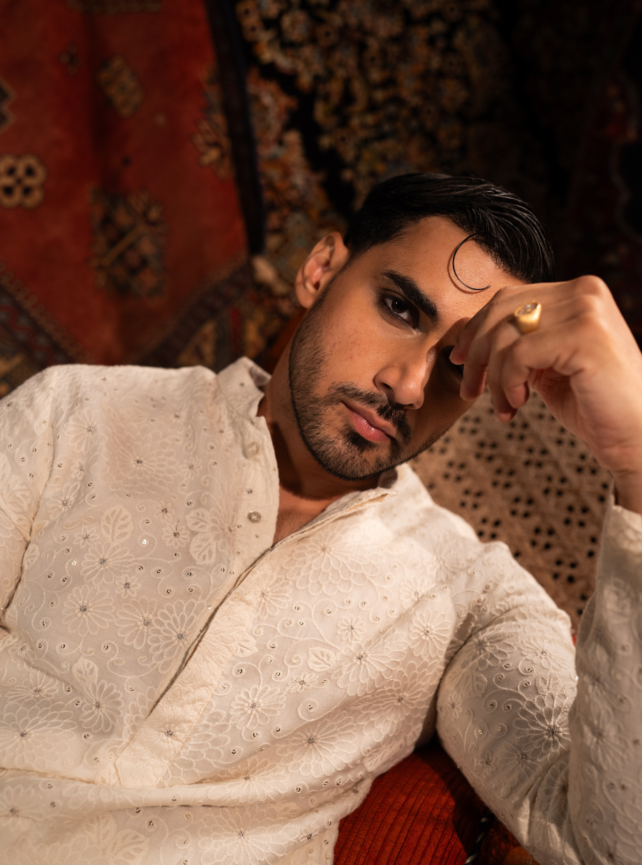 Ivory chanderi kurta with floral machine embroidery and sequin detailing Nafsstore