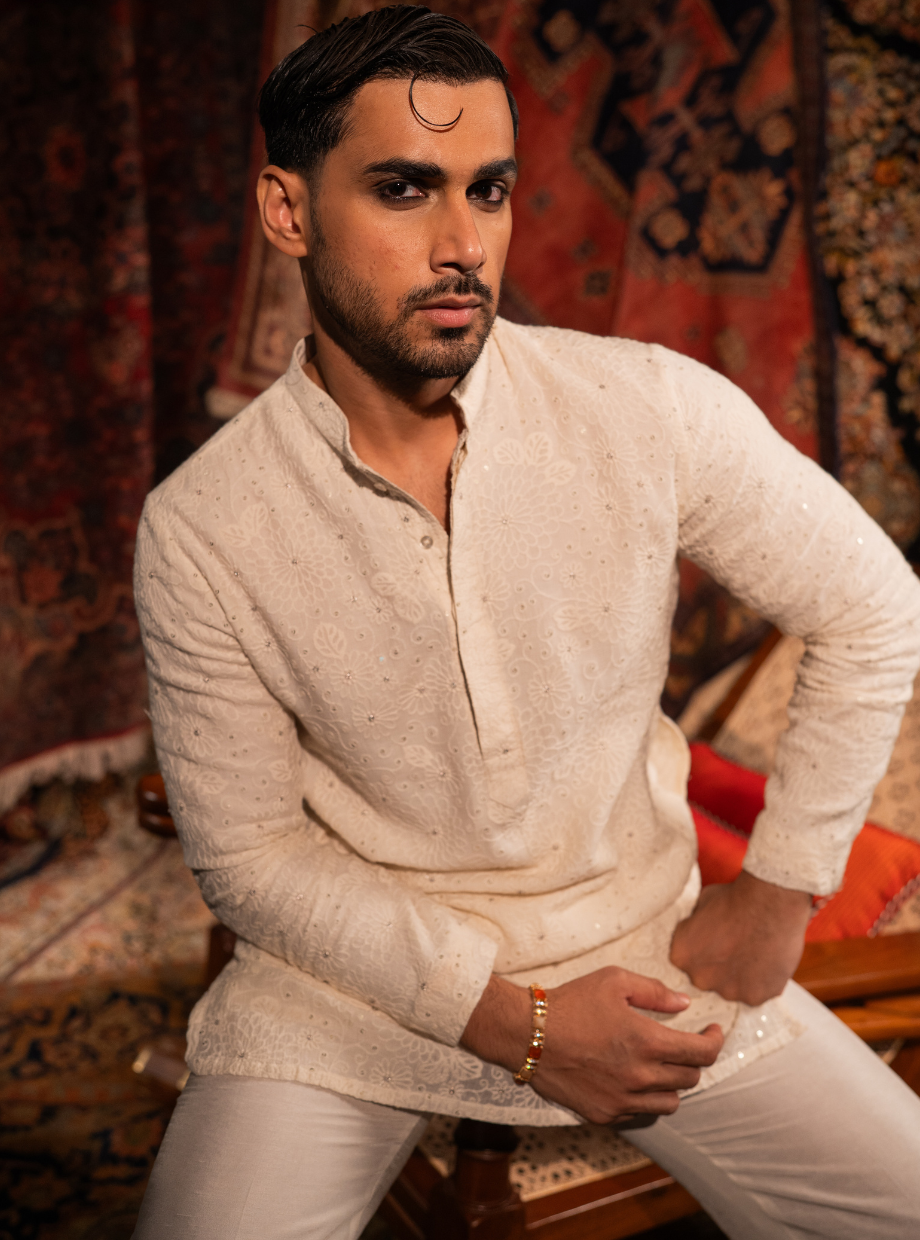 Ivory chanderi kurta with floral machine embroidery and sequin detailing Nafsstore