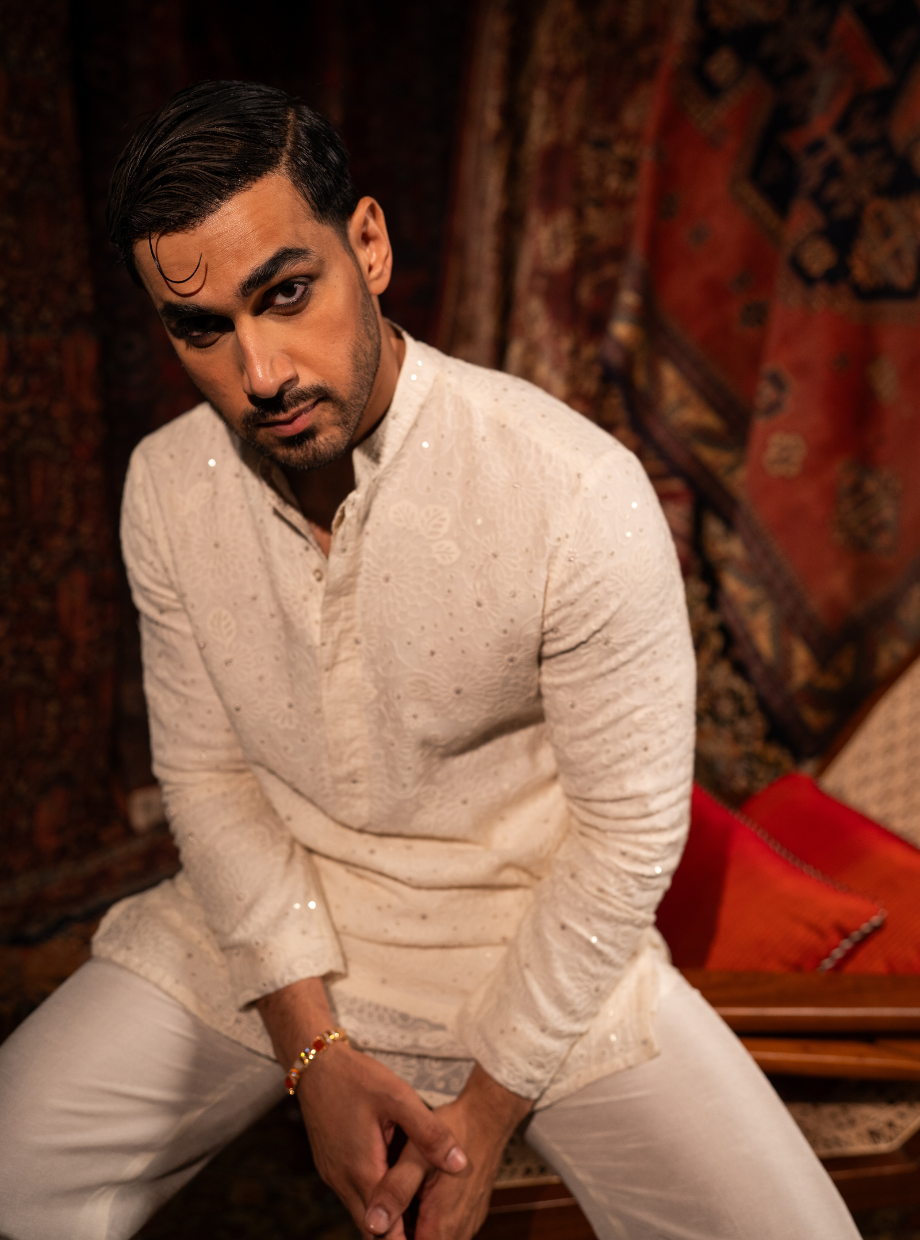 Ivory chanderi kurta with floral machine embroidery and sequin detailing Nafsstore