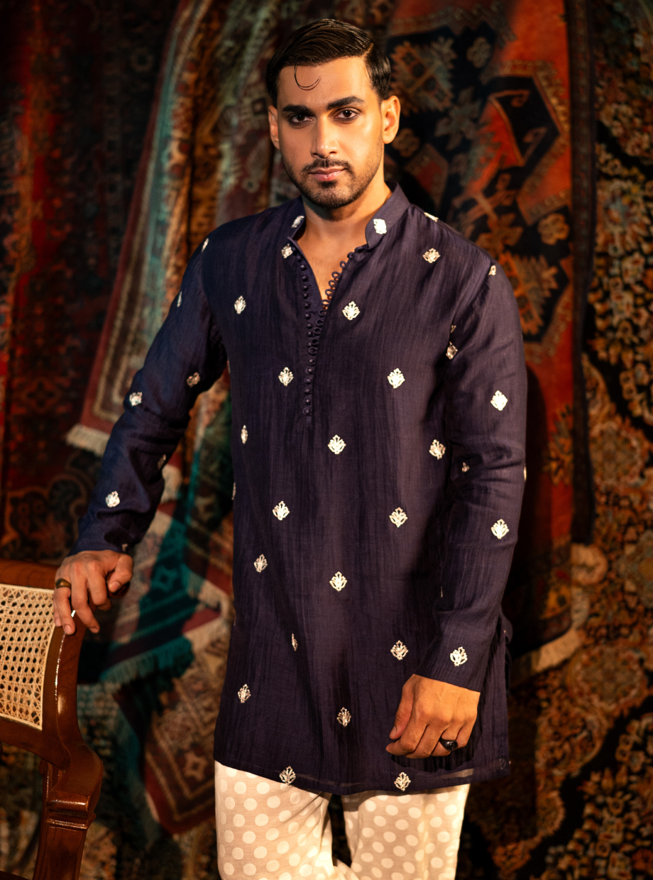 Aubergine Purple Chanderi kurta with gold dori butti work Nafsstore