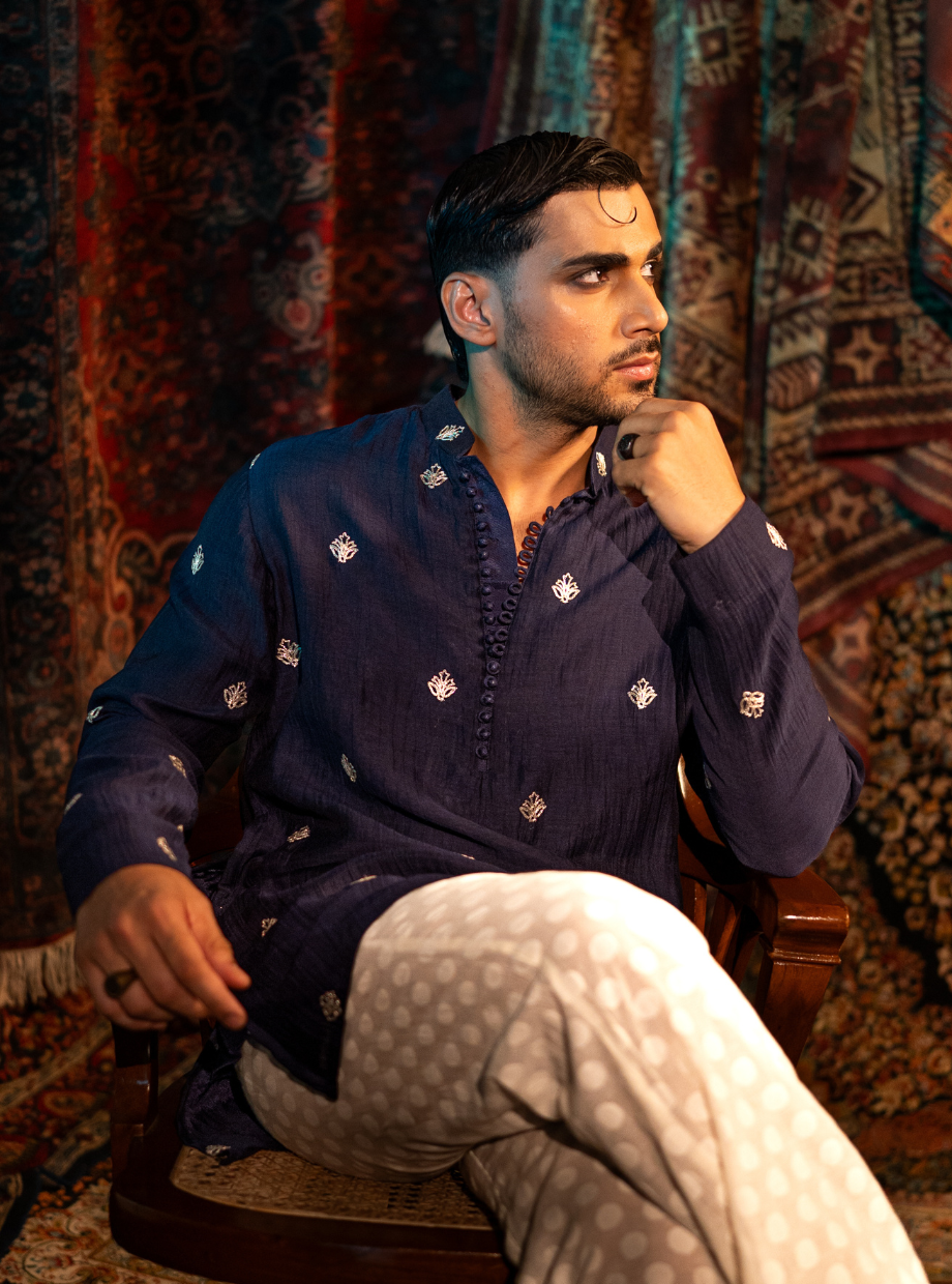 Aubergine Purple Chanderi kurta with gold dori butti work Nafsstore