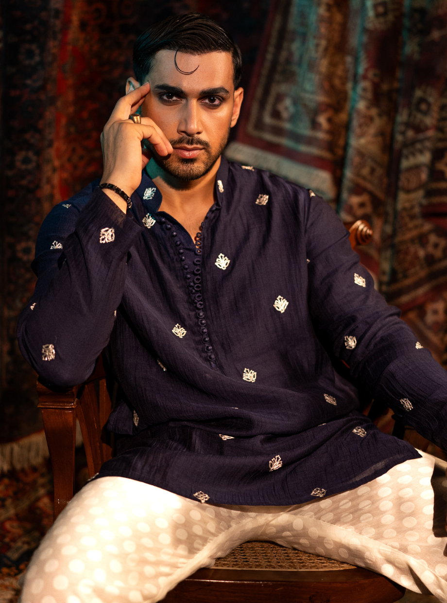 Aubergine Purple Chanderi kurta with gold dori butti work Nafsstore