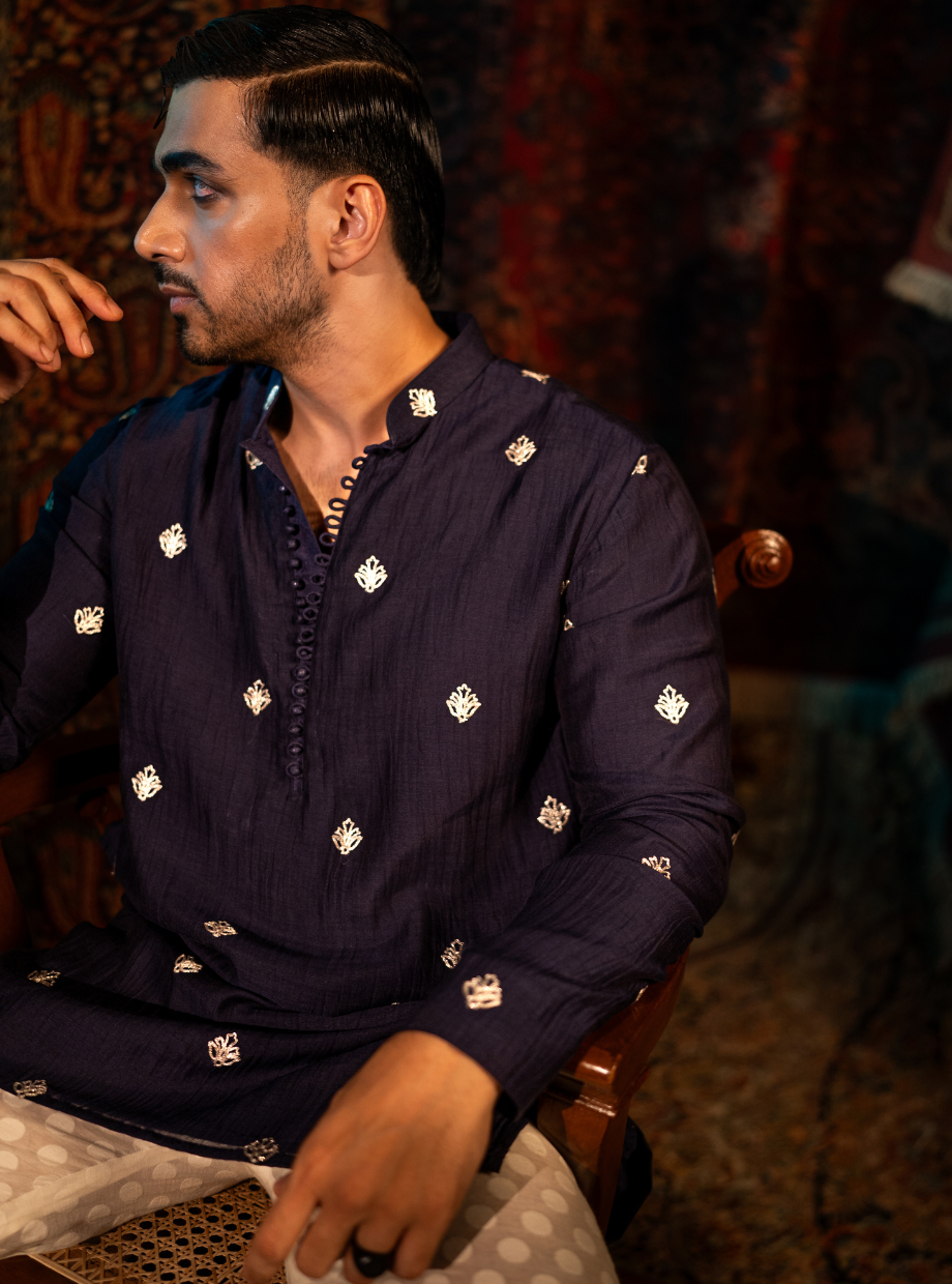 Aubergine Purple Chanderi kurta with gold dori butti work Nafsstore