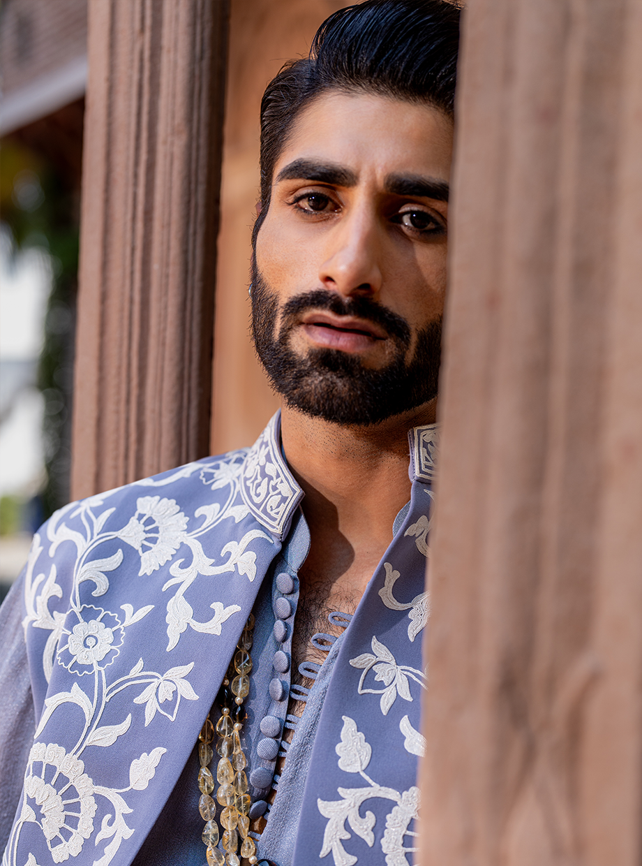 STEEL GREY SHIMMER SHIRT + CHANDERI PANT PAIRED WITH LACHKA BUNDI EXAGGERATED WITH RESHAM AND KASAB DORI WORK Nafsstore