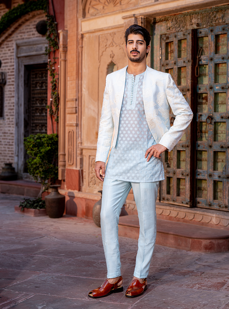 PASTEL BLUE FLORAL APPLIQUE JACKET PAIRED WITH CHANDERI POLKA KURTA AND CHANDERI PANTSv Nafsstore