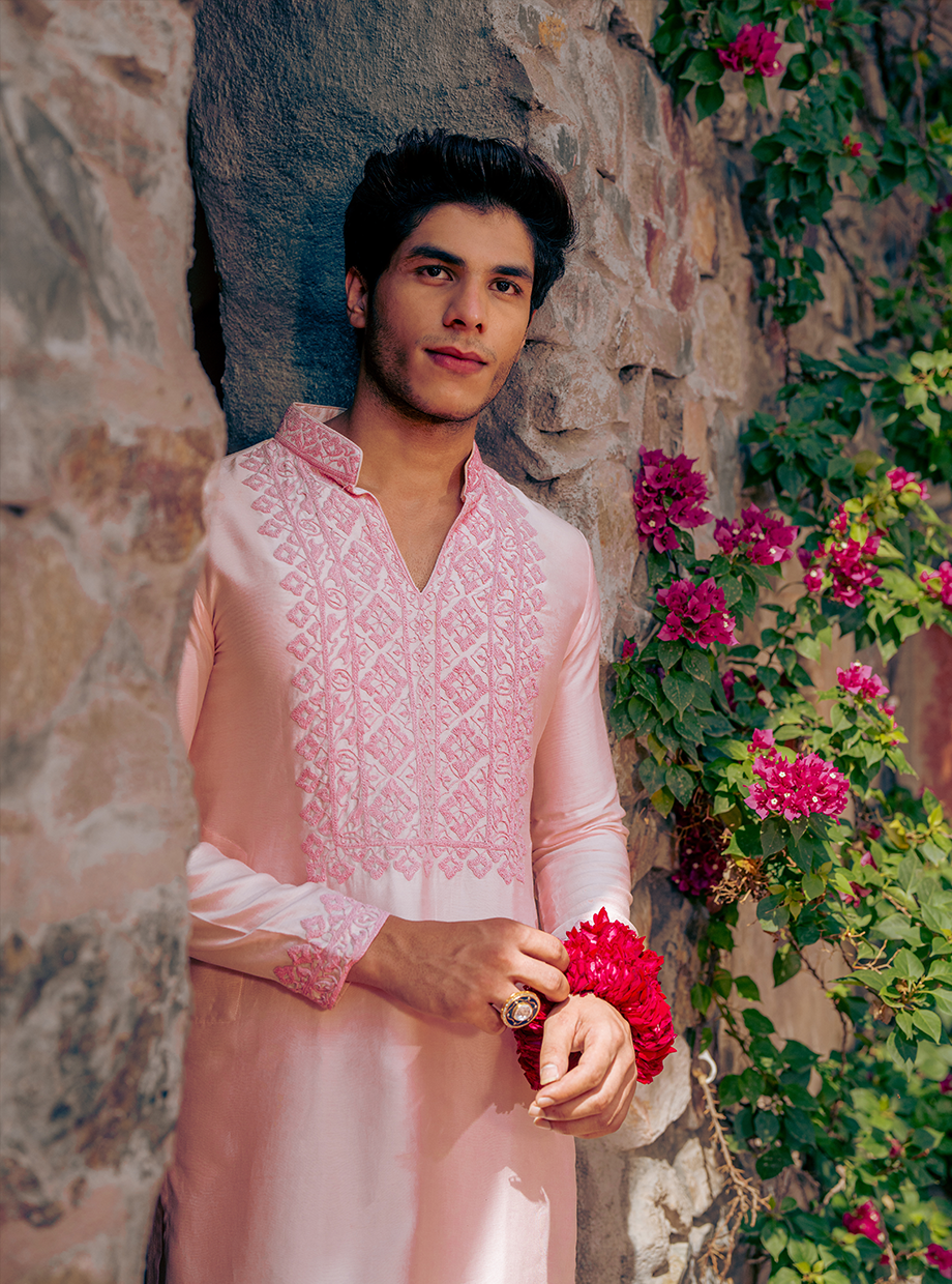 PASTEL PINK CHANDERI KURTA ELABORATED WITH DORI WORK PAIRED WITH IVORY TUSSAR SILK SALWAR Nafsstore