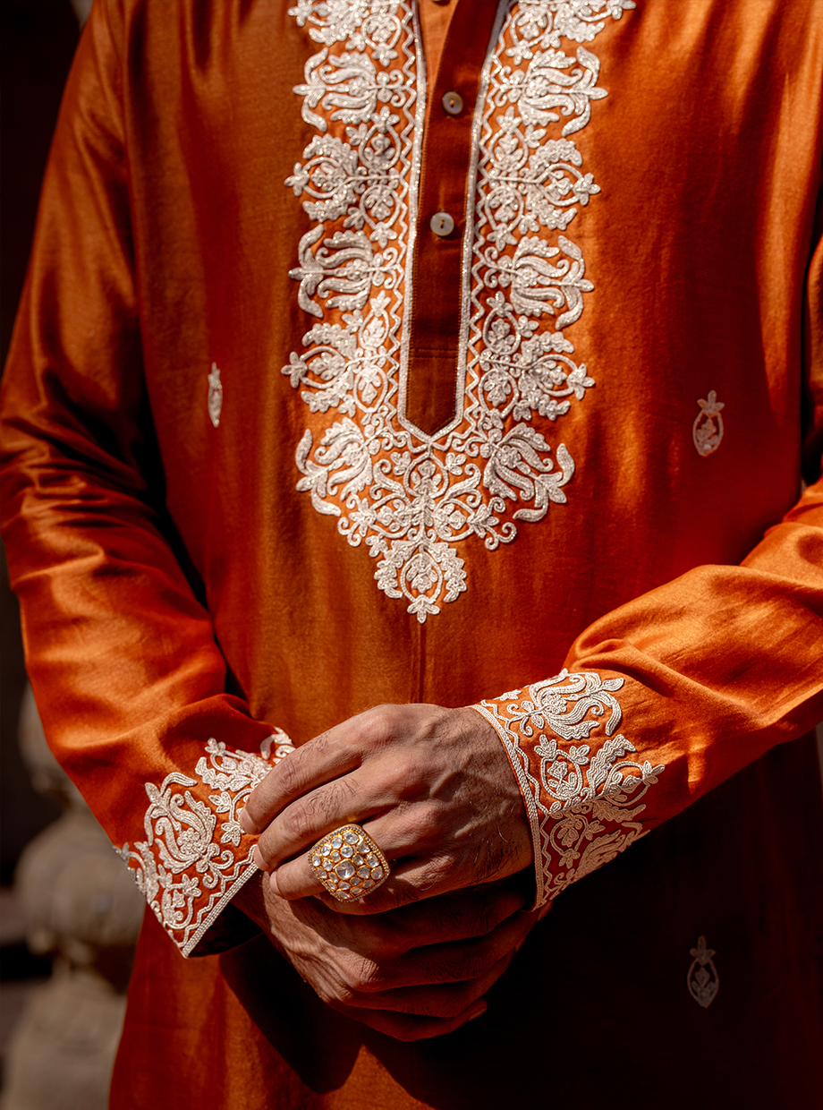 RUST CHANDERI KURTA SET ELABORATED WITH KASAB & RESHAM DORI EMBROIDERY PAIRED WITH FLARED RUST TUSSAR SILK PANT Nafsstore