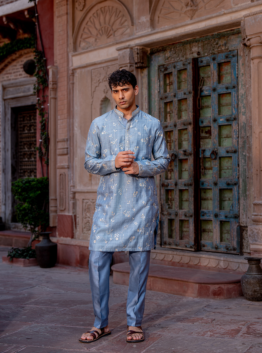 STEEL BLUE CHANDERI ZARI EMBROIDERED KURTA ELABORATED PAIRED WITH SELF CHANDERI PANT Nafsstore