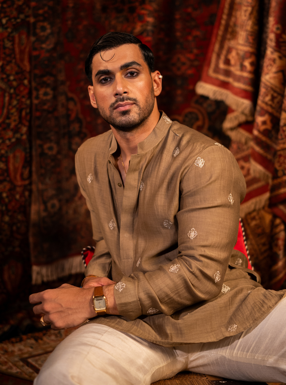 Warm Taupe Chanderi kurta with gold dori butti work Nafsstore