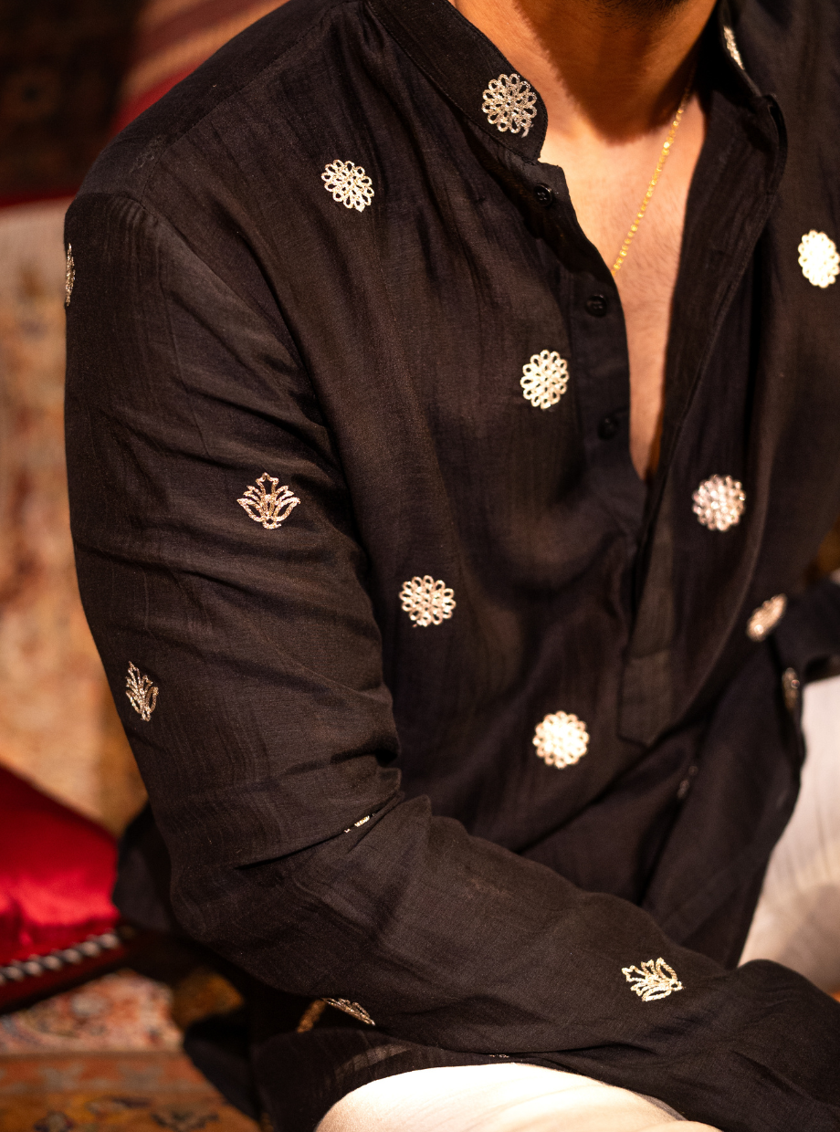 Raven Black Chanderi kurta with floral gold dori work Nafsstore