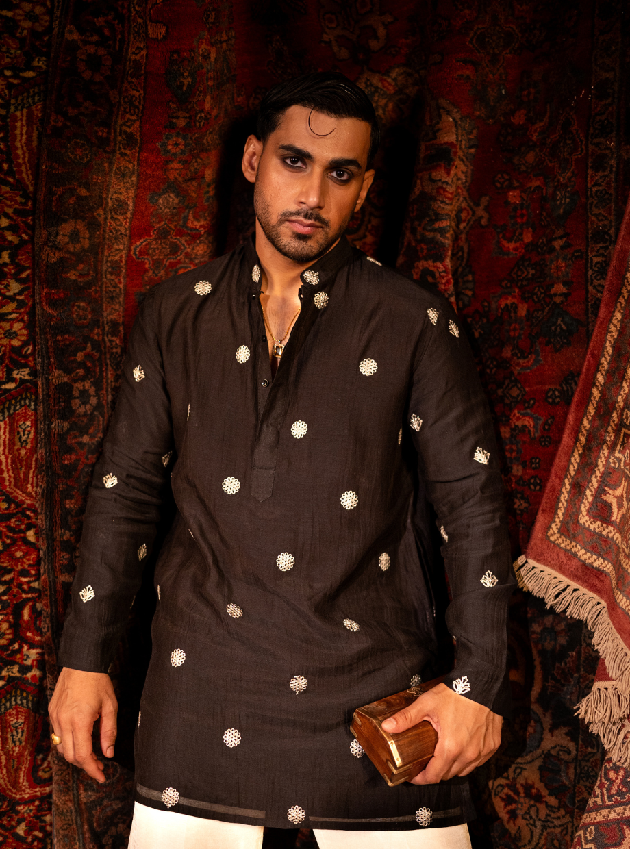 Raven Black Chanderi kurta with floral gold dori work Nafsstore