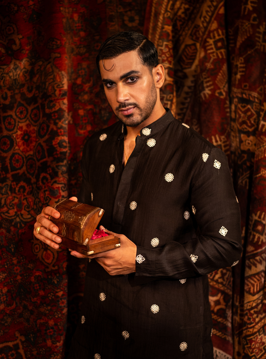 Raven Black Chanderi kurta with floral gold dori work Nafsstore