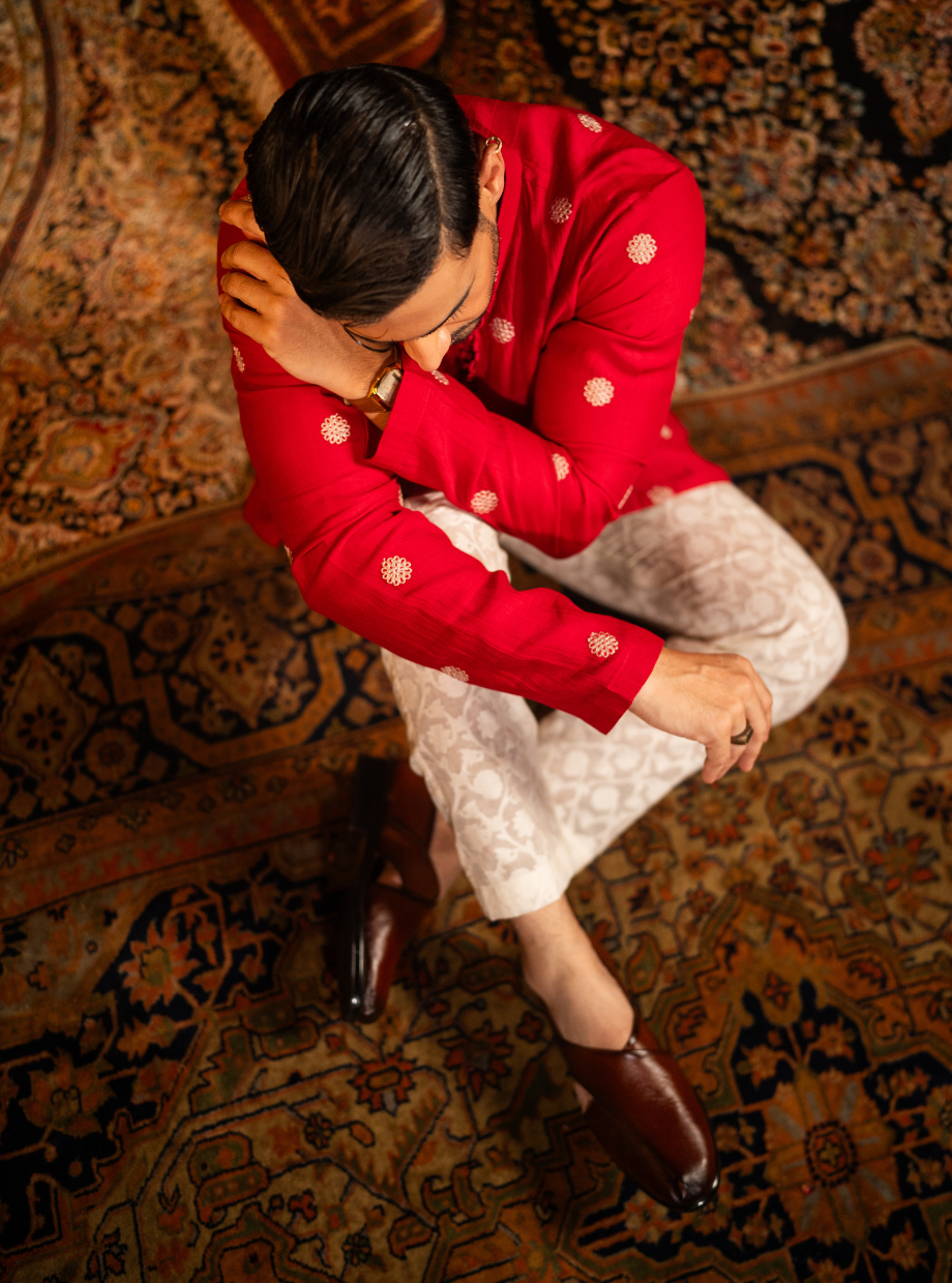 Vibrant crimson red Chanderi kurta with floral gold dori work Nafsstore