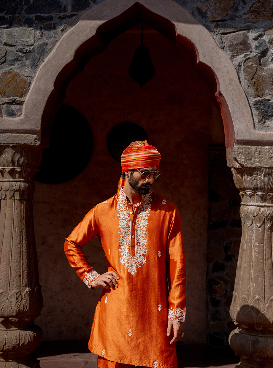 RUST CHANDERI KURTA SET ELABORATED WITH KASAB & RESHAM DORI EMBROIDERY PAIRED WITH FLARED RUST TUSSAR SILK PANT Nafsstore