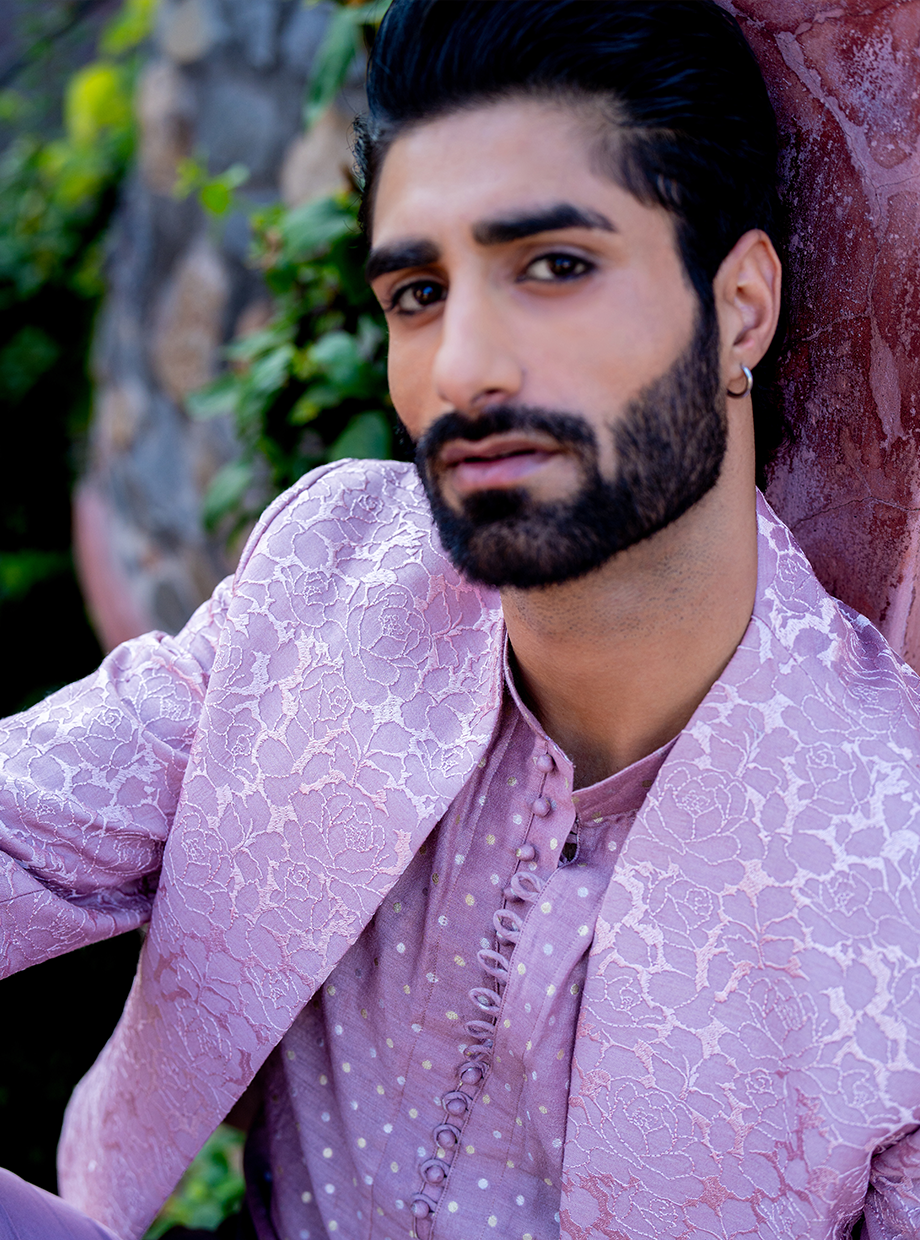 ONION PINK CHANDERI ROSE TEXTURED JACKET PAIRED WITH CHANDERI BROCADE SHORT KURTA + CHANDERI PANT Nafsstore