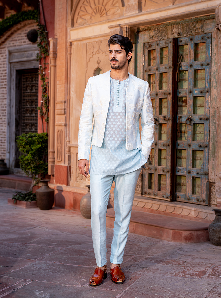 PASTEL BLUE FLORAL APPLIQUE JACKET PAIRED WITH CHANDERI POLKA KURTA AND CHANDERI PANTSv Nafsstore