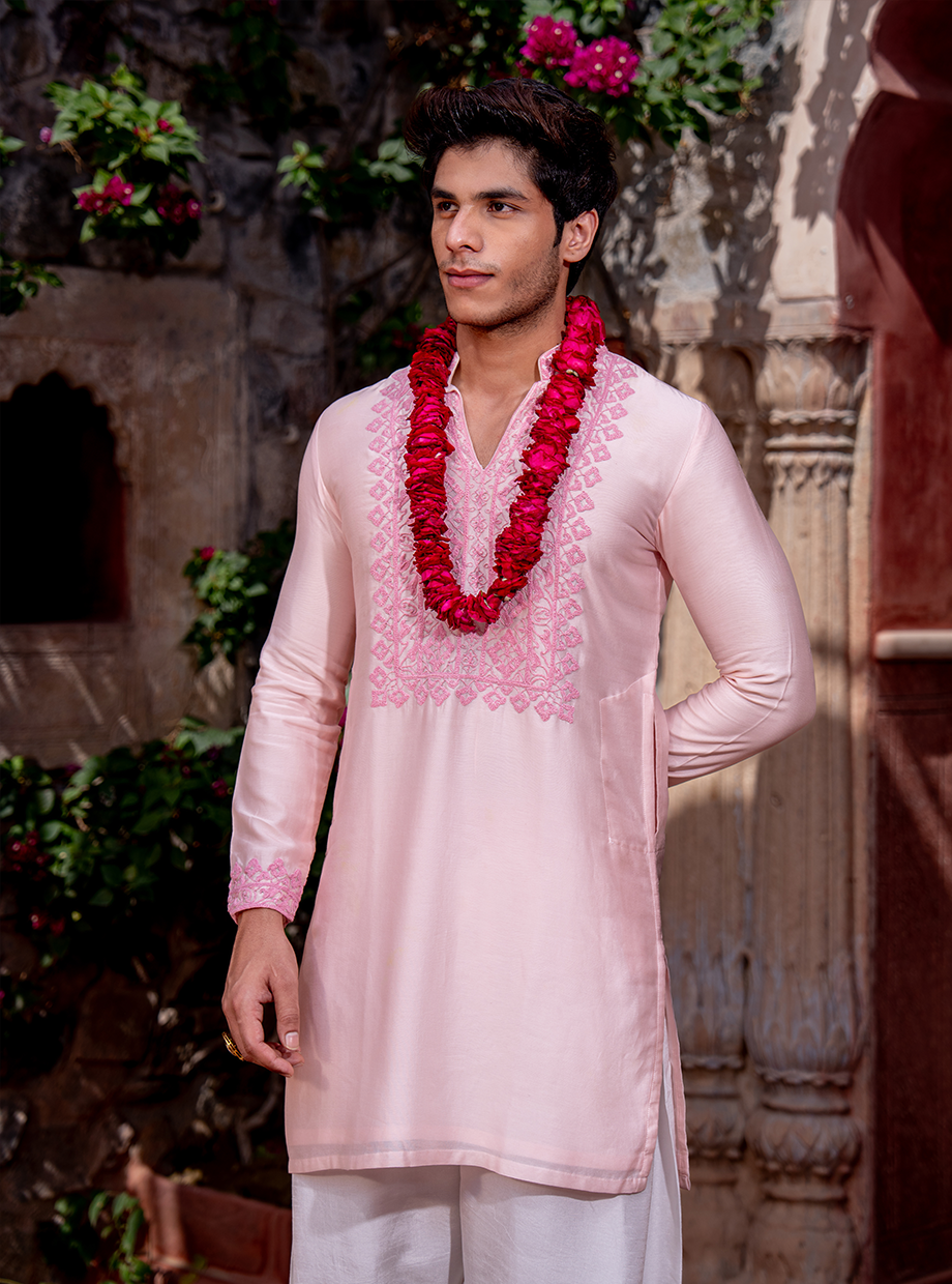 PASTEL PINK CHANDERI KURTA ELABORATED WITH DORI WORK PAIRED WITH IVORY TUSSAR SILK SALWAR Nafsstore