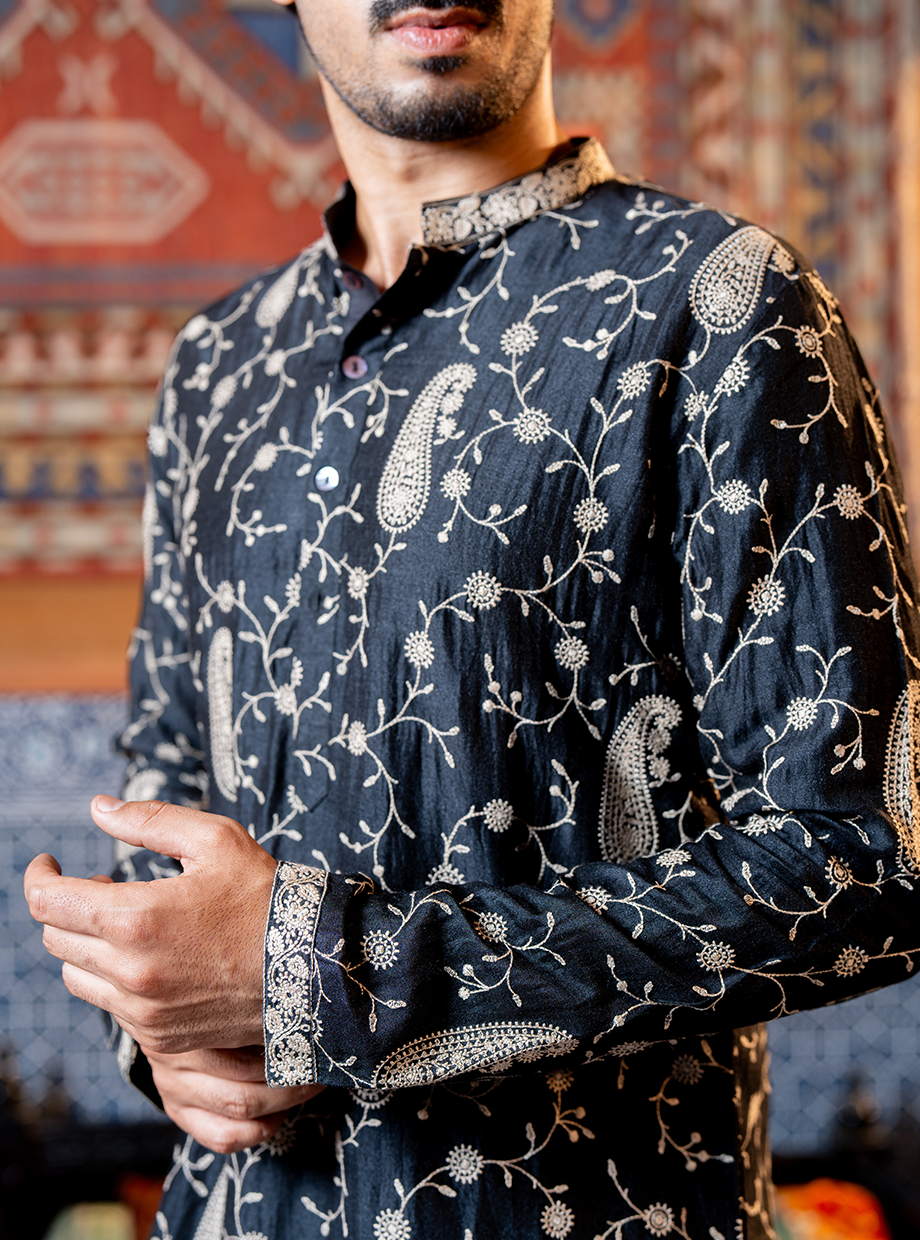 RAVEN BLACK CHANDERI KURTA WITH PAISELY EMBROIDERY PAIRED WITH TUSSAR SILK PANTS Nafsstore