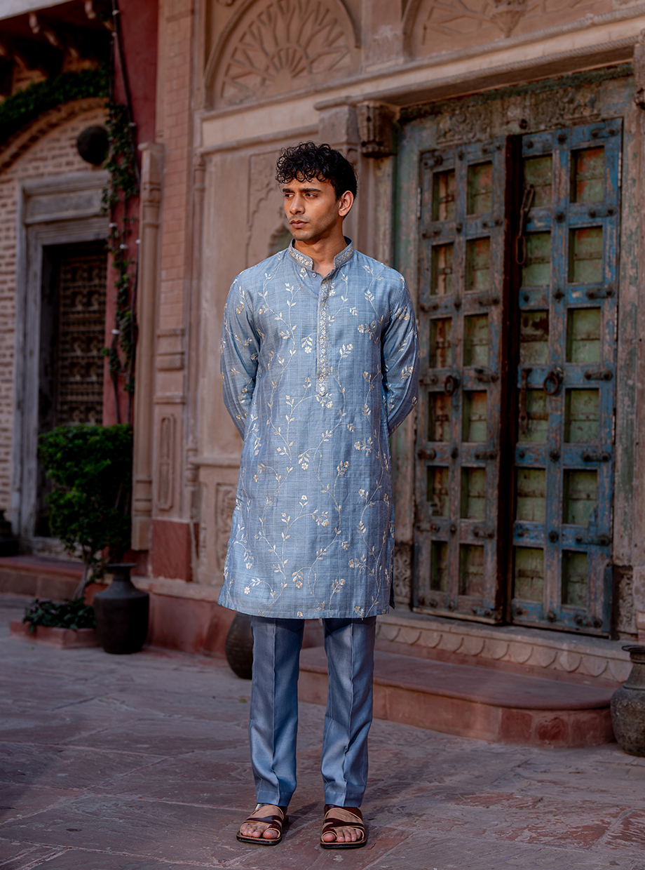 STEEL BLUE CHANDERI ZARI EMBROIDERED KURTA ELABORATED PAIRED WITH SELF CHANDERI PANT Nafsstore