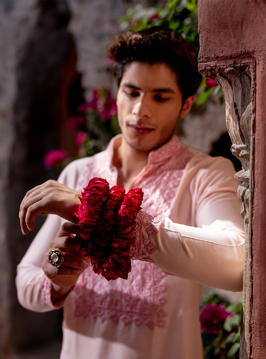 PASTEL PINK CHANDERI KURTA ELABORATED WITH DORI WORK PAIRED WITH IVORY TUSSAR SILK SALWAR Nafsstore