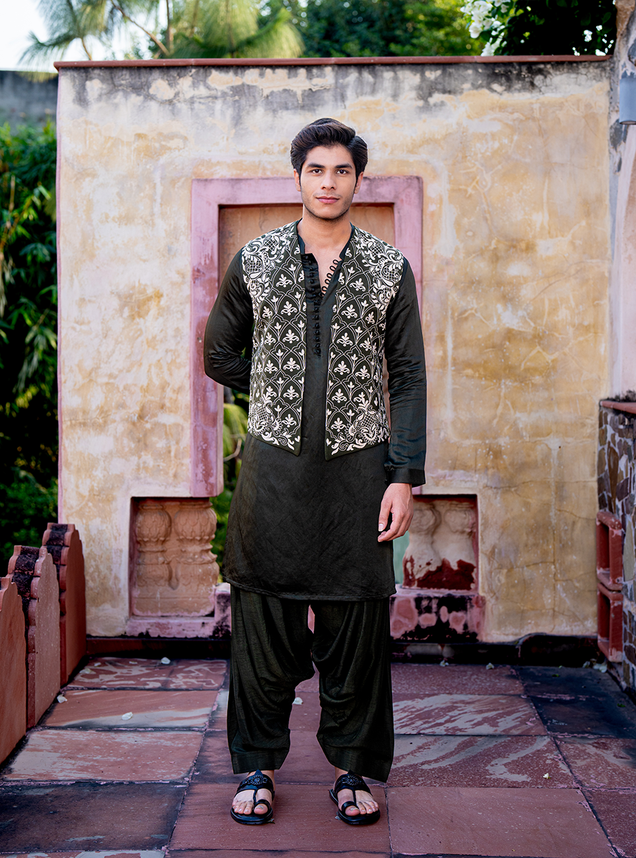 OLIVE GREEN PATHANI SET WITH OLIVE GREEN LACHKA KOTI EXAGGERATED WITH IVORY RESHAM AND GOLD KASAB DORI WORK Nafsstore