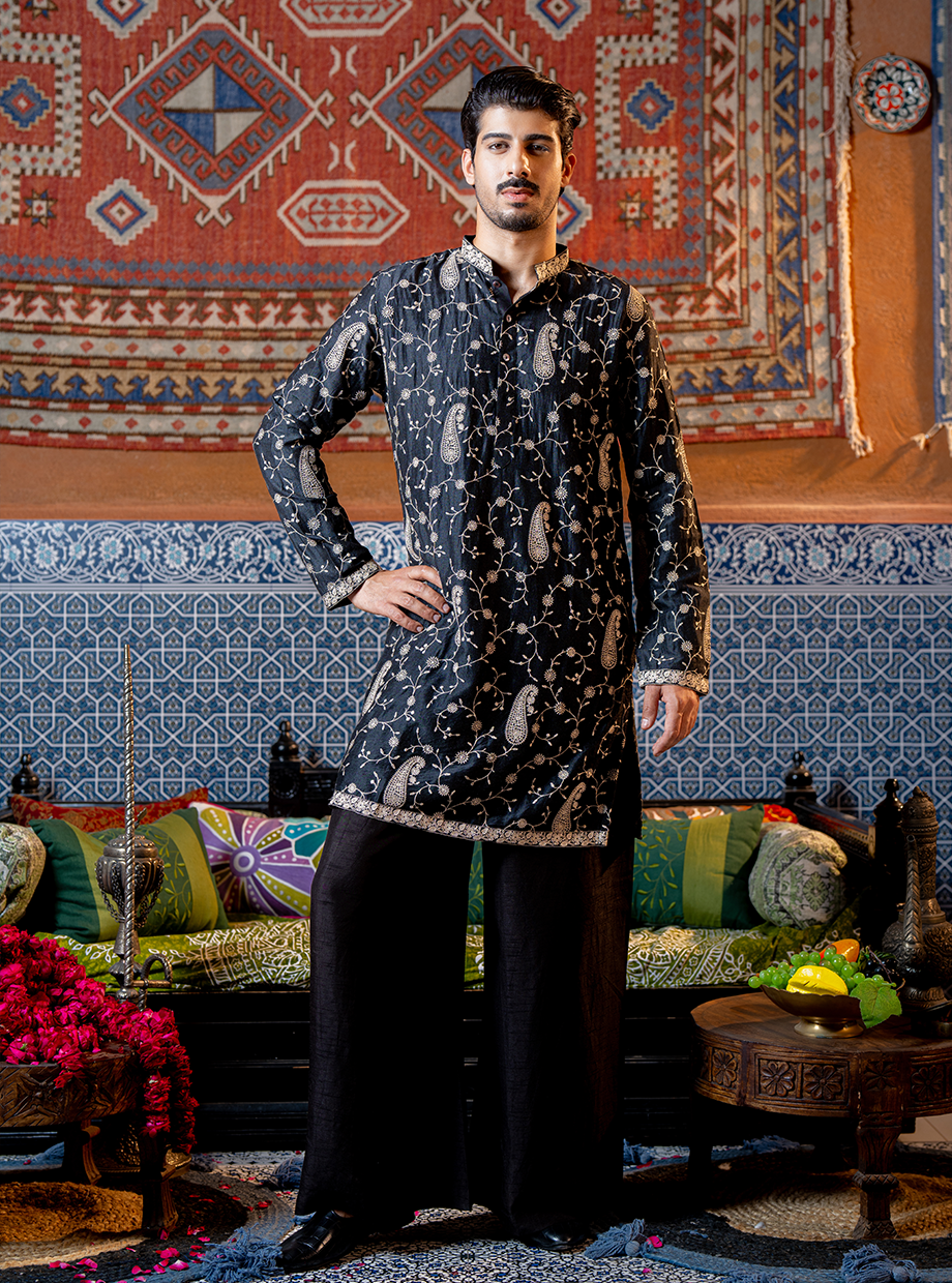 RAVEN BLACK CHANDERI KURTA WITH PAISELY EMBROIDERY PAIRED WITH TUSSAR SILK PANTS Nafsstore