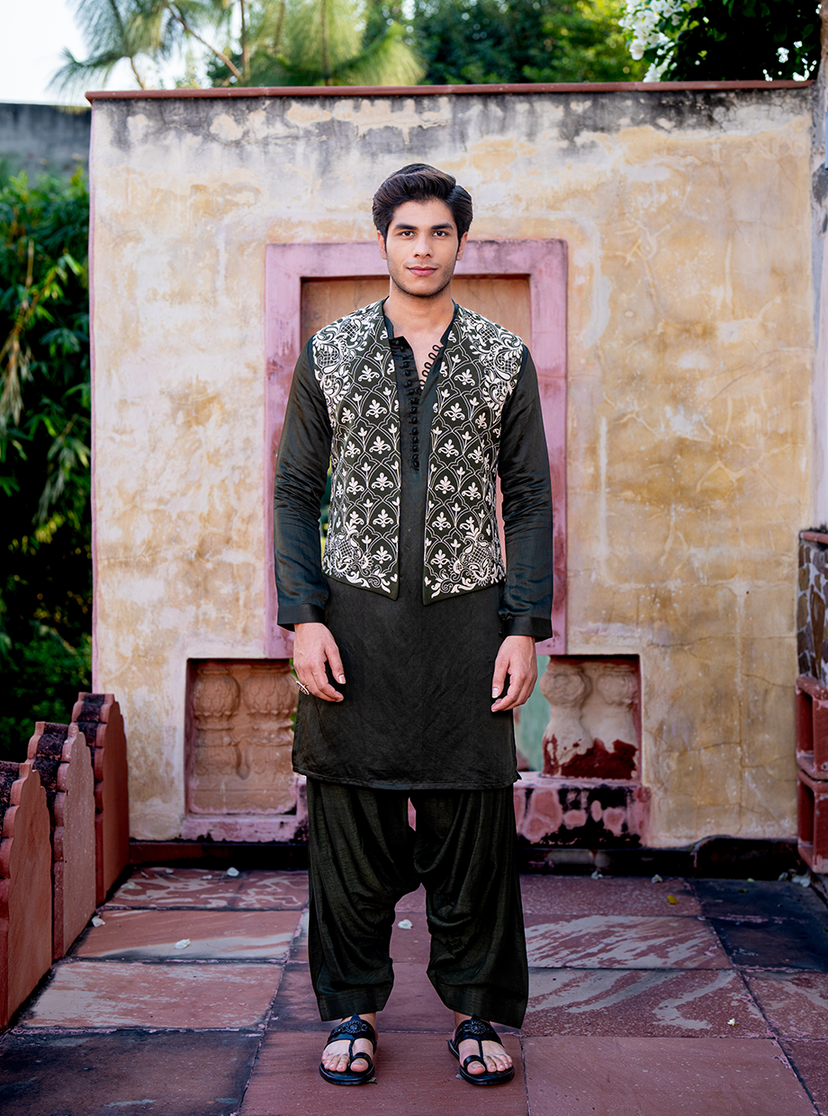 OLIVE GREEN PATHANI SET WITH OLIVE GREEN LACHKA KOTI EXAGGERATED WITH IVORY RESHAM AND GOLD KASAB DORI WORK Nafsstore