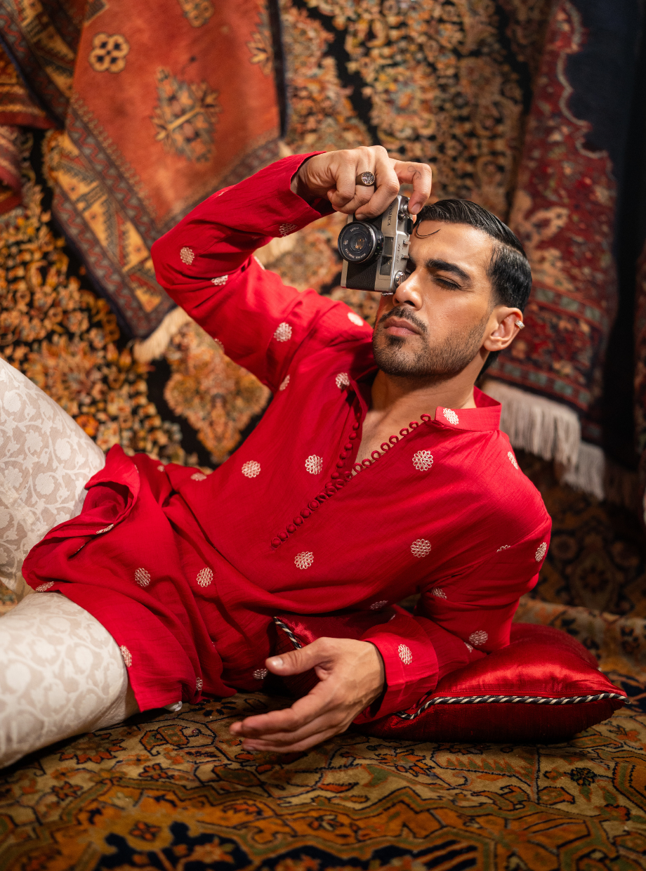 Vibrant crimson red Chanderi kurta with floral gold dori work Nafsstore