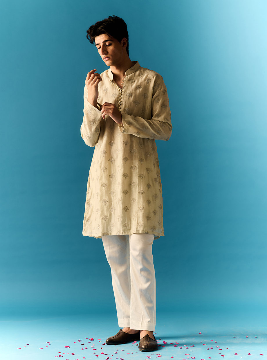 GREY CHANDERI KURTA SET ELABORATED WITH ZARI FLORAL BUTTA EMBROIDERY PAIRED WITH WHITE COTTON GLAZE PANT My Store