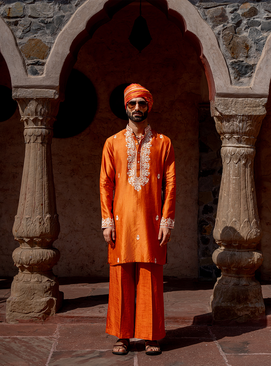 RUST CHANDERI KURTA SET ELABORATED WITH KASAB & RESHAM DORI EMBROIDERY PAIRED WITH FLARED RUST TUSSAR SILK PANT Nafsstore