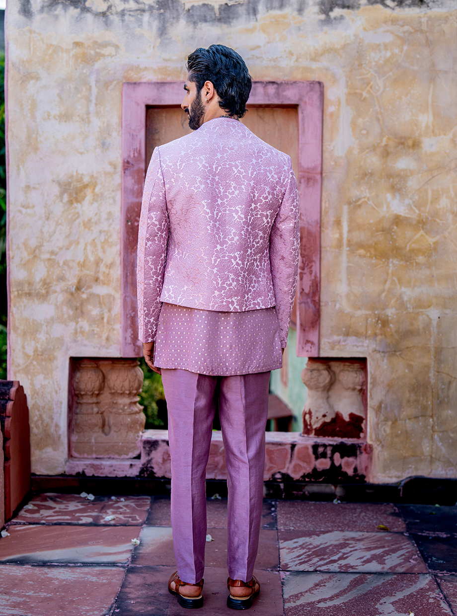 ONION PINK CHANDERI ROSE TEXTURED JACKET PAIRED WITH CHANDERI BROCADE SHORT KURTA + CHANDERI PANT Nafsstore