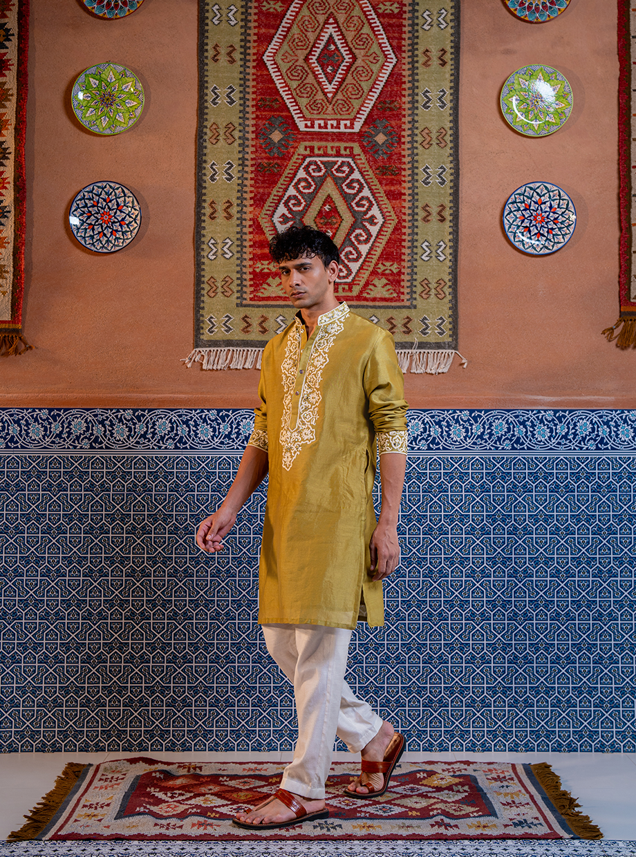 LIGHT OLIVE GREEN CHANDERI KURTA SET EXAGGERATED WITH IVORY RESHAM AND GOLD KASAB DORI + MIRROR WORK PAIRED WITH IVORY CHANDERI PANT Nafsstore