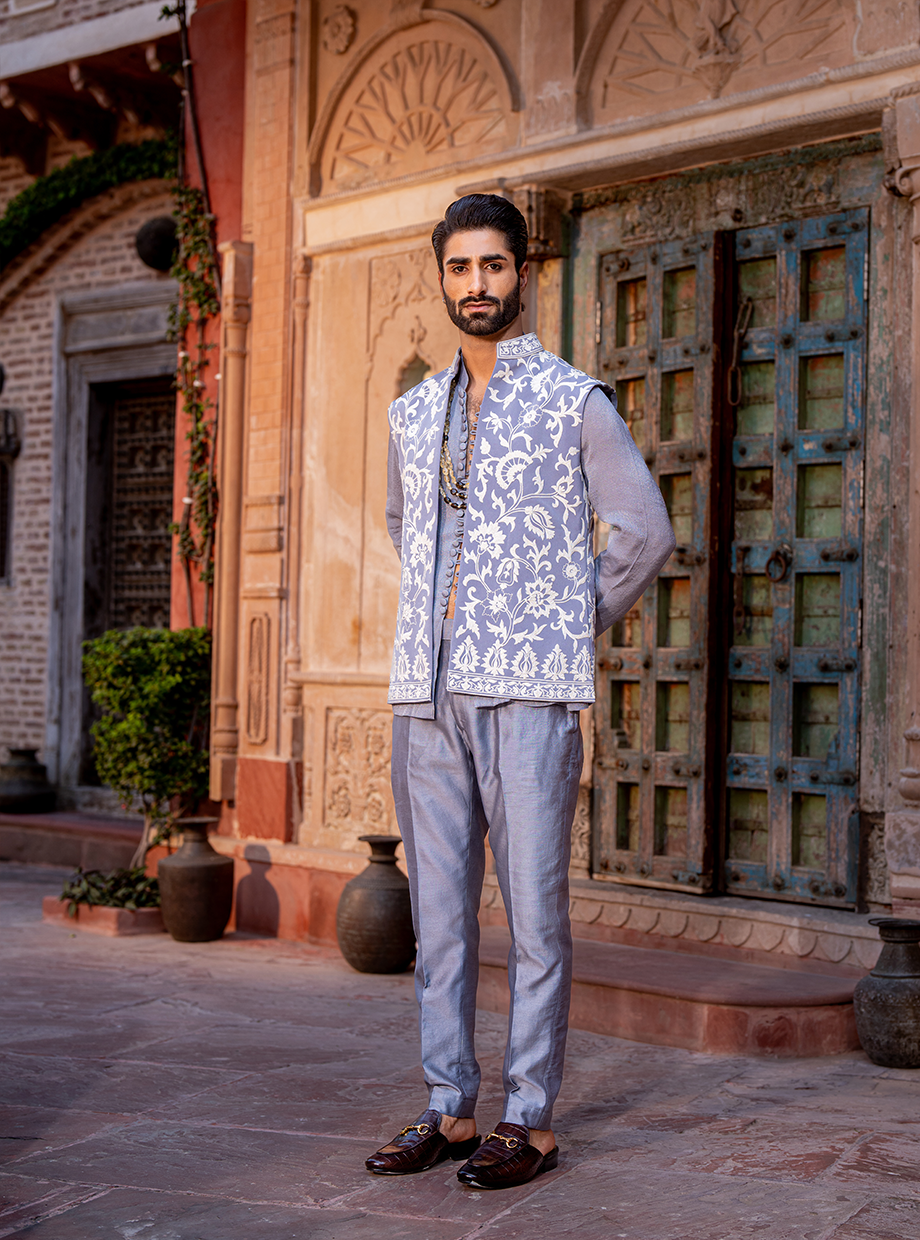 STEEL GREY SHIMMER SHIRT + CHANDERI PANT PAIRED WITH LACHKA BUNDI EXAGGERATED WITH RESHAM AND KASAB DORI WORK Nafsstore