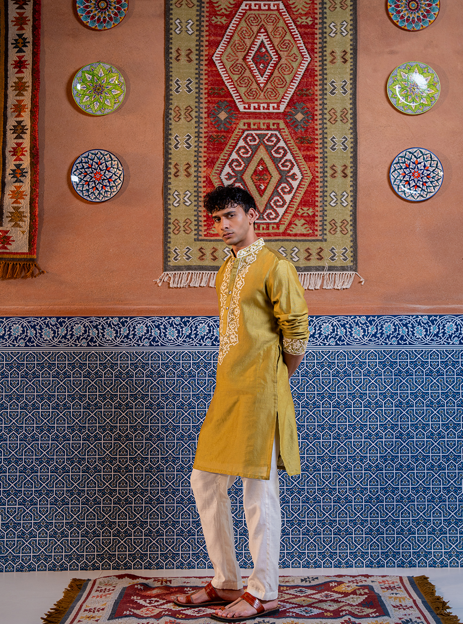 LIGHT OLIVE GREEN CHANDERI KURTA SET EXAGGERATED WITH IVORY RESHAM AND GOLD KASAB DORI + MIRROR WORK PAIRED WITH IVORY CHANDERI PANT Nafsstore