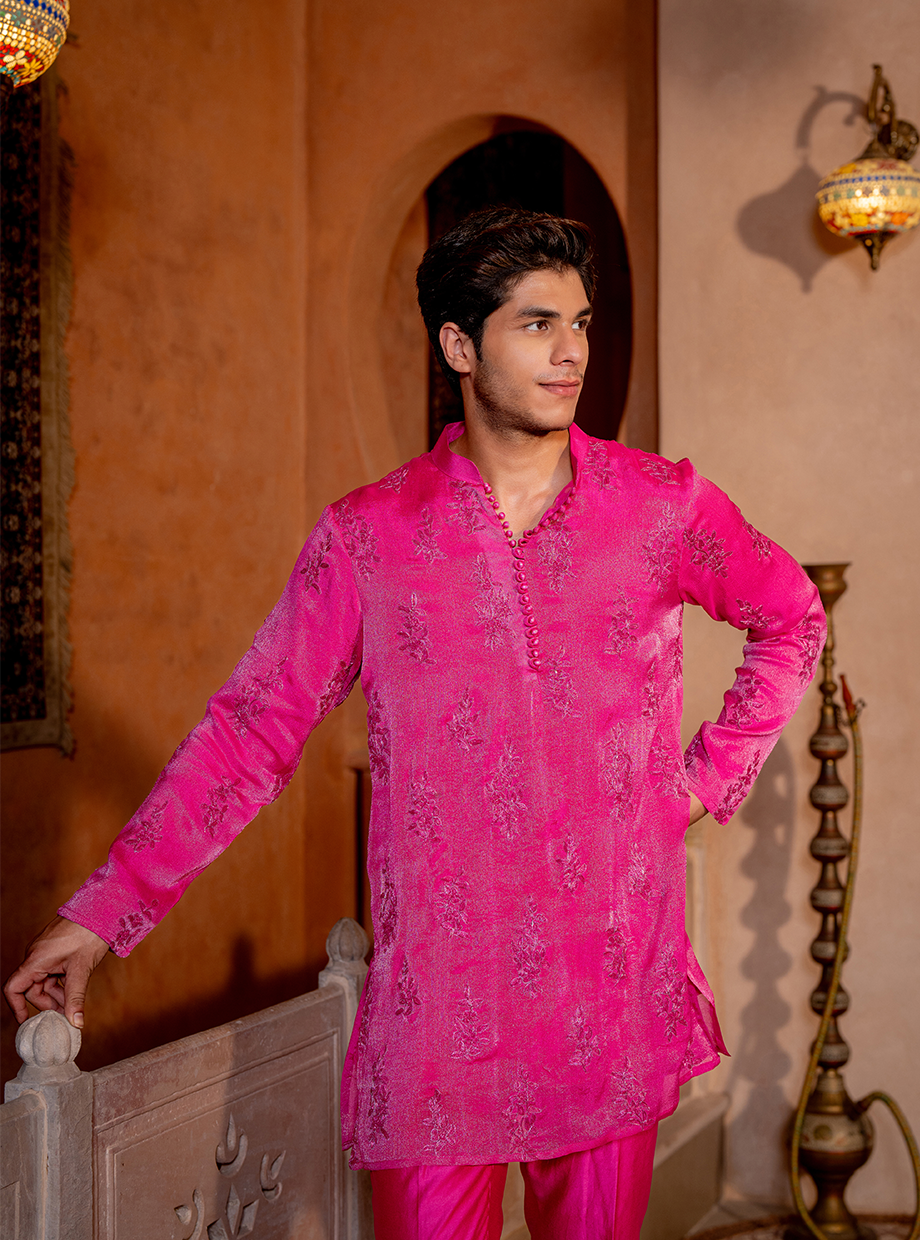 HOT PINK SHIMMER KURTA EXAGGERATED WITH TONE ON TONE KASAB DORI FLORAL EMBROIDERY PAIRED WITH CHANDERI PANTS Nafsstore