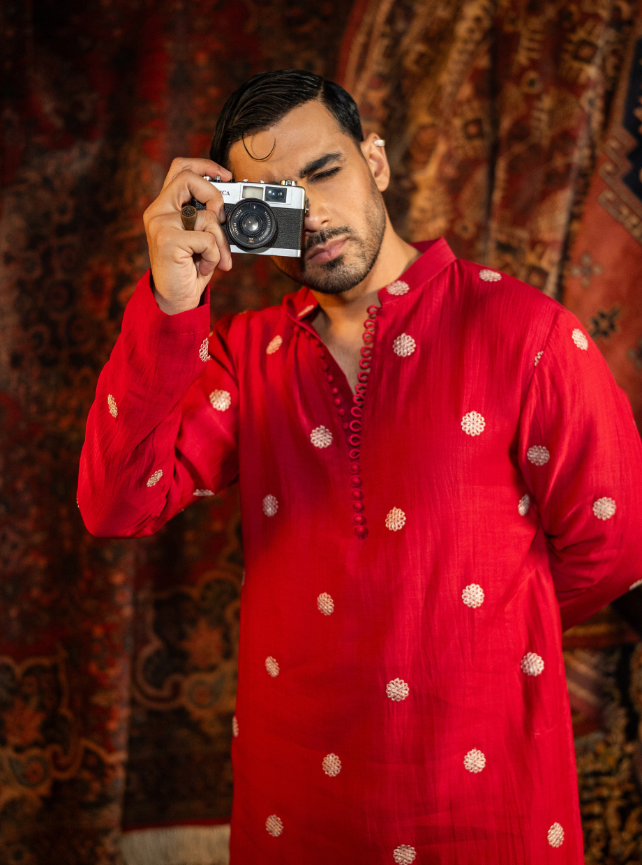 Vibrant crimson red Chanderi kurta with floral gold dori work Nafsstore