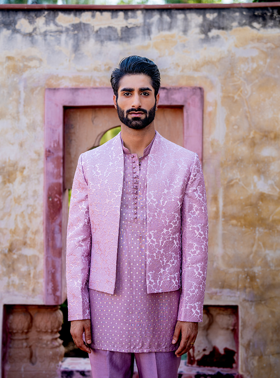 ONION PINK CHANDERI ROSE TEXTURED JACKET PAIRED WITH CHANDERI BROCADE SHORT KURTA + CHANDERI PANT Nafsstore