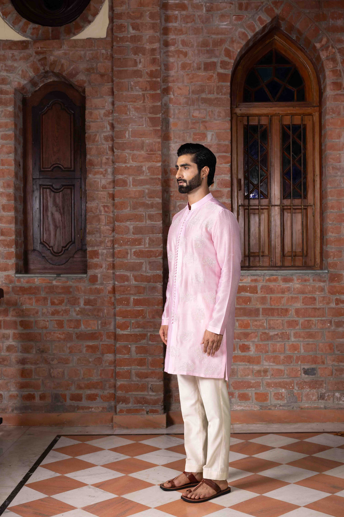 Bubble gum pink chanderi open styled potli buttoned kurta with Kasab floral embroidery with ivory chanderi pant Nafsstore