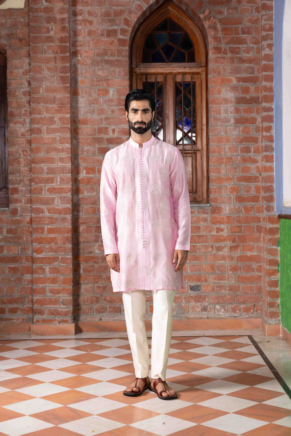 Bubble gum pink chanderi open styled potli buttoned kurta with Kasab floral embroidery with ivory chanderi pant Nafsstore