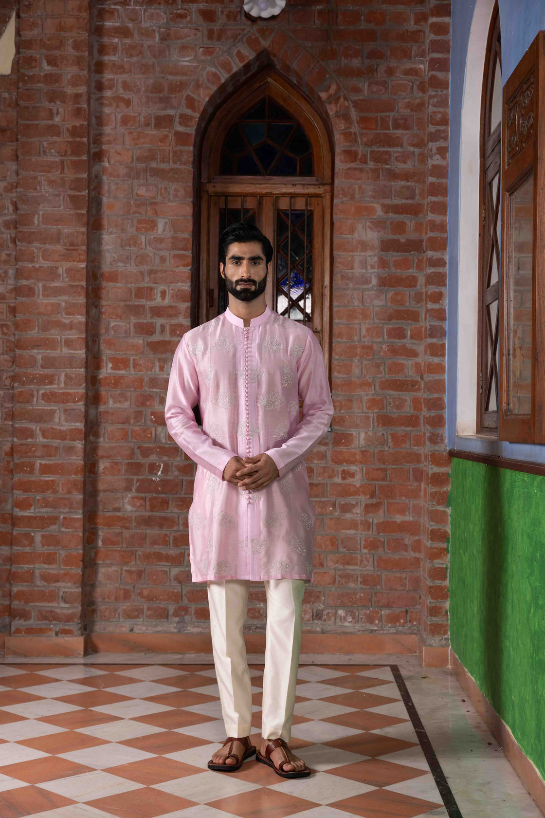 Bubble gum pink chanderi open styled potli buttoned kurta with Kasab floral embroidery with ivory chanderi pant Nafsstore