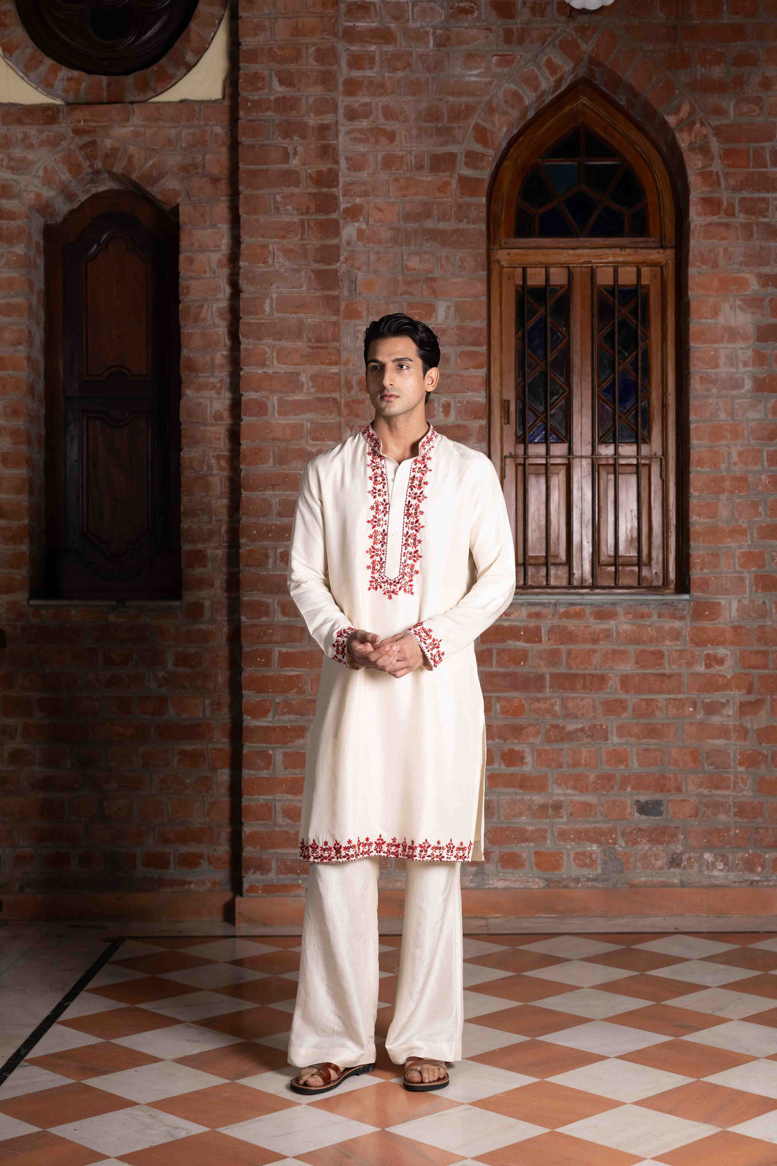 Ivory tussar silk kurta with rust thread and mirror work with ivory tussar silk flared pants Nafsstore