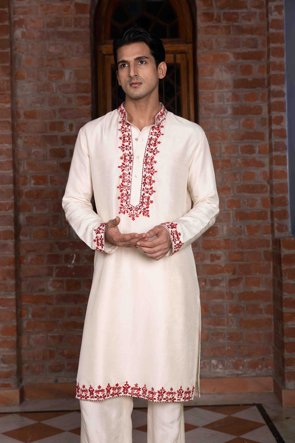 Ivory tussar silk kurta with rust thread and mirror work with ivory tussar silk flared pants Nafsstore