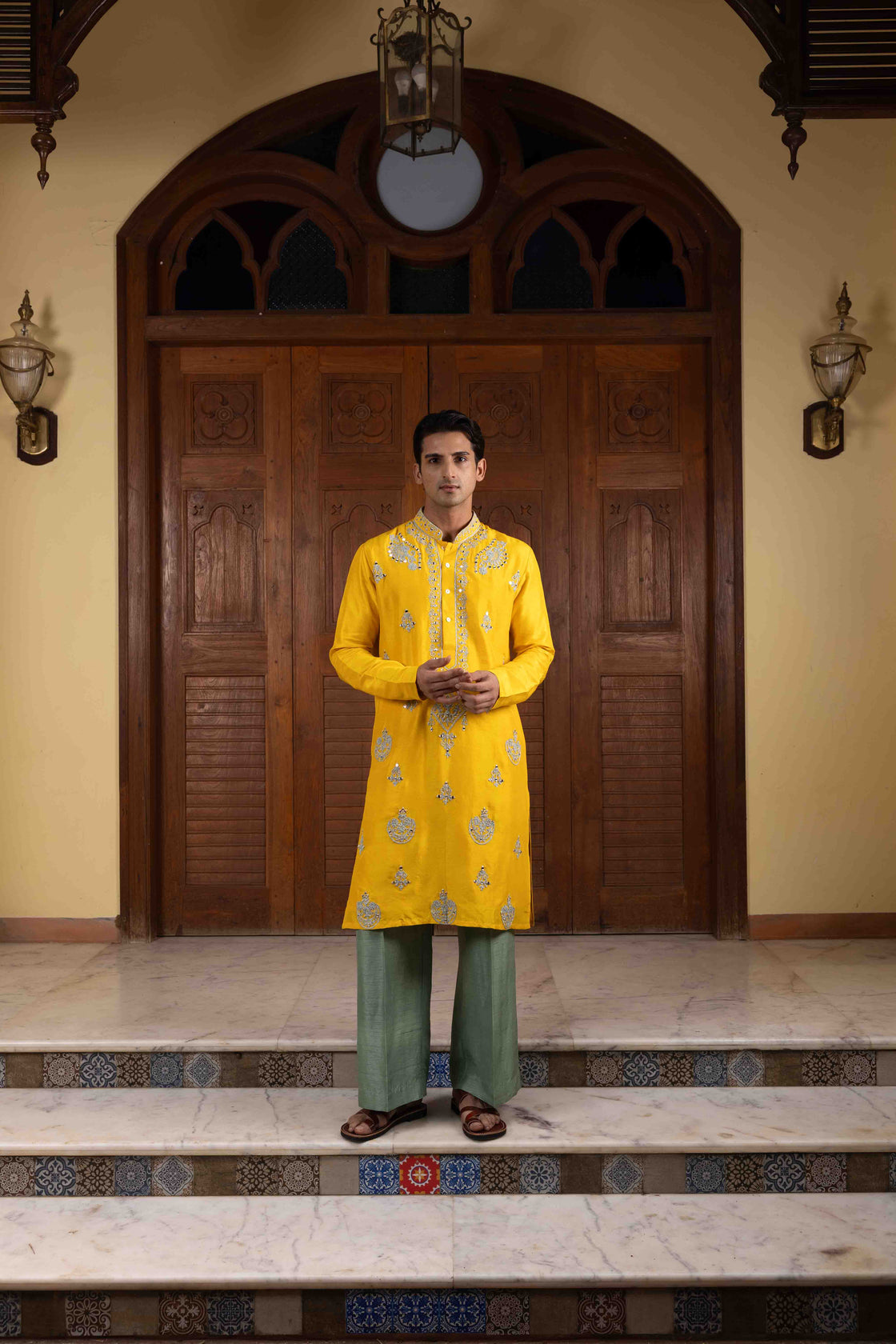 Sunflower yellow tussar silk kurta with silver and green kasab, resham and mirror dori work with sage green tussar silk flared pant Nafsstore