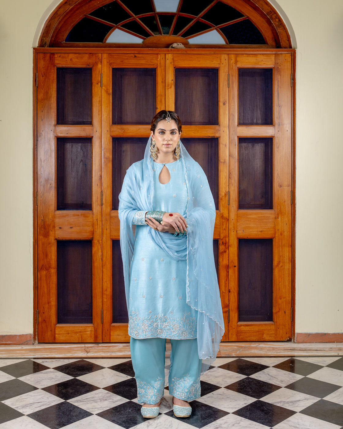 Ferozi tussar silk key hole kurta with resham, kasab zardozi work paired with bemberg satin farshi salwar and chiffon scallop dupatta Nafsstore