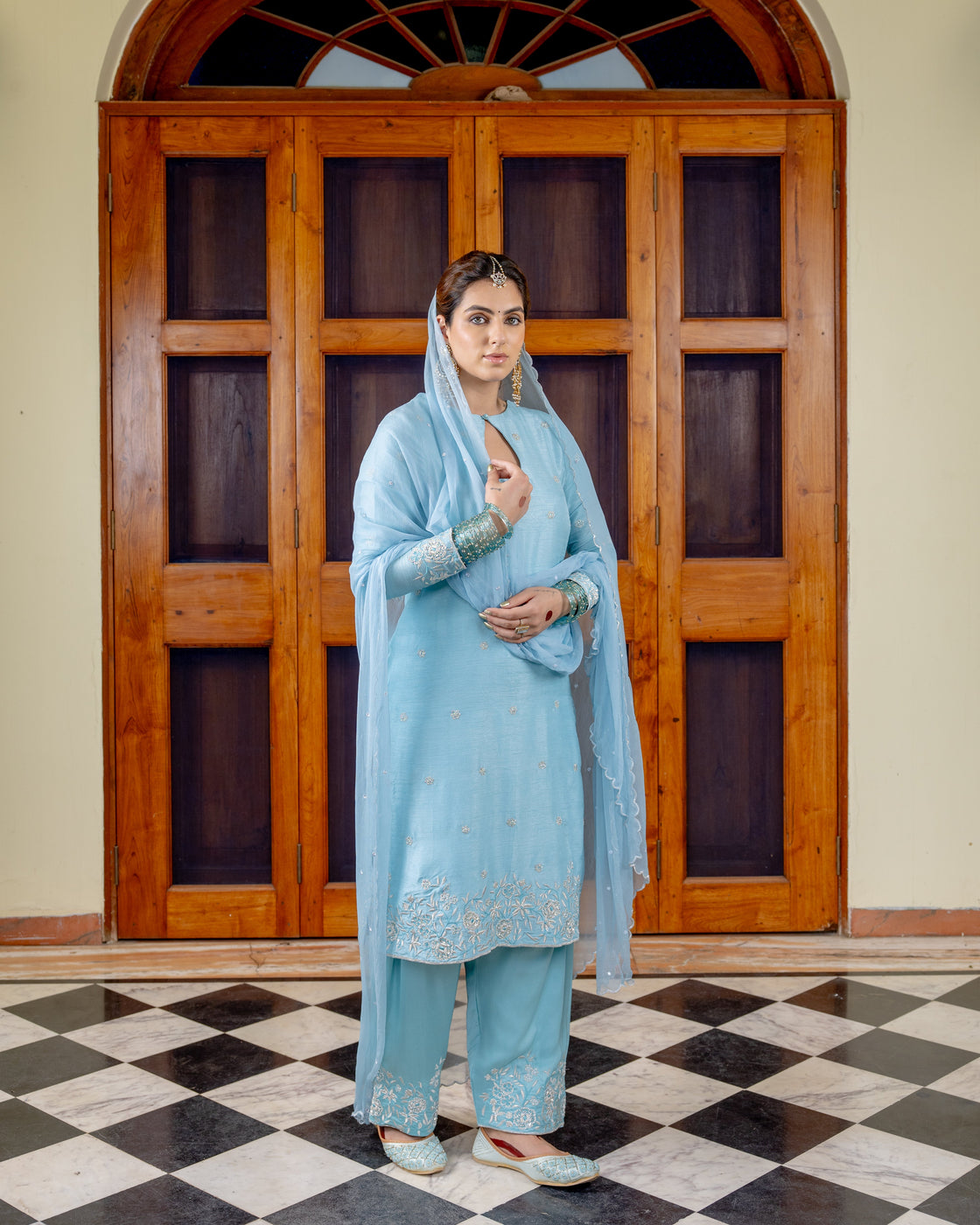 Ferozi tussar silk key hole kurta with resham, kasab zardozi work paired with bemberg satin farshi salwar and chiffon scallop dupatta Nafsstore