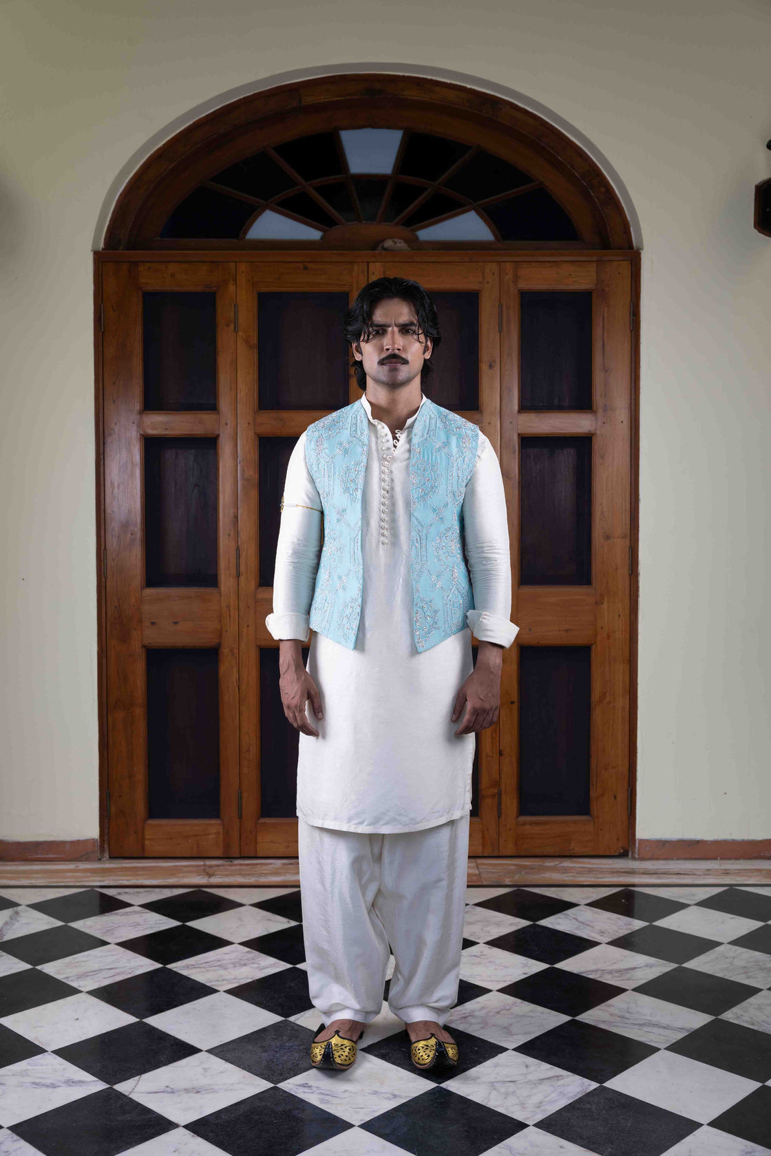 Ferozi tussar silk Koti with floral vase with jaal work paired with ivory pathani set Nafsstore